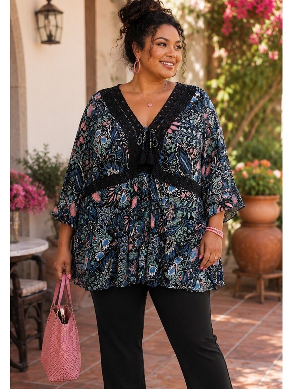 Torrid 3X Women's Blue Pink Green Floral Gauze Crochet Trim Babydoll Boho Top
